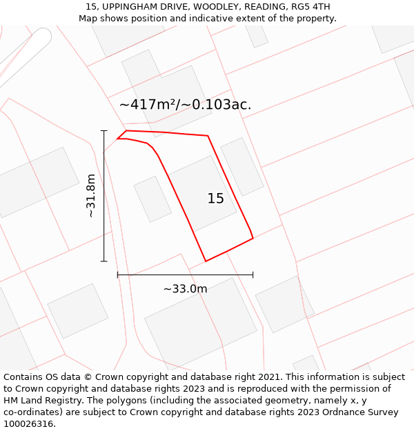 15, UPPINGHAM DRIVE, WOODLEY, READING, RG5 4TH: Plot and title map