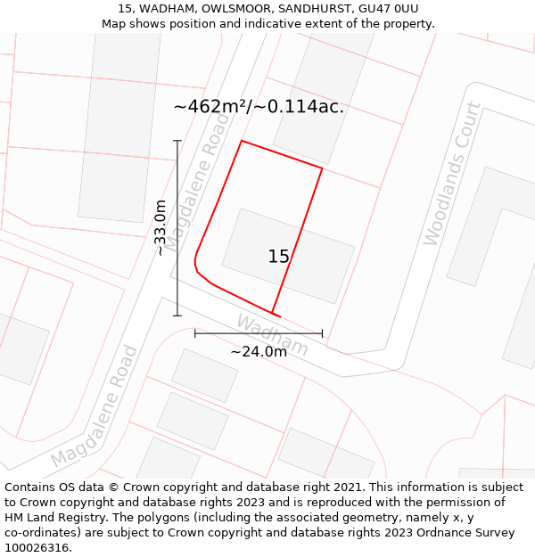 15, WADHAM, OWLSMOOR, SANDHURST, GU47 0UU: Plot and title map