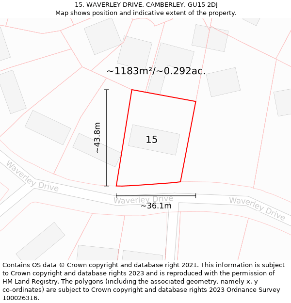 15, WAVERLEY DRIVE, CAMBERLEY, GU15 2DJ: Plot and title map