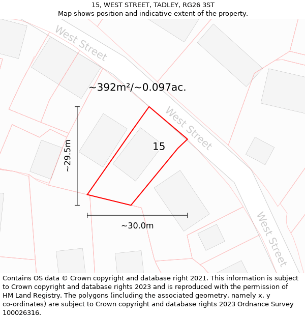 15, WEST STREET, TADLEY, RG26 3ST: Plot and title map