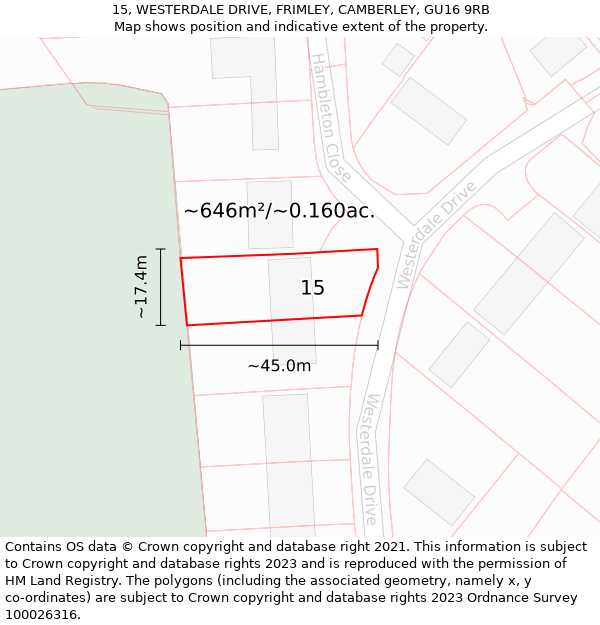 15, WESTERDALE DRIVE, FRIMLEY, CAMBERLEY, GU16 9RB: Plot and title map