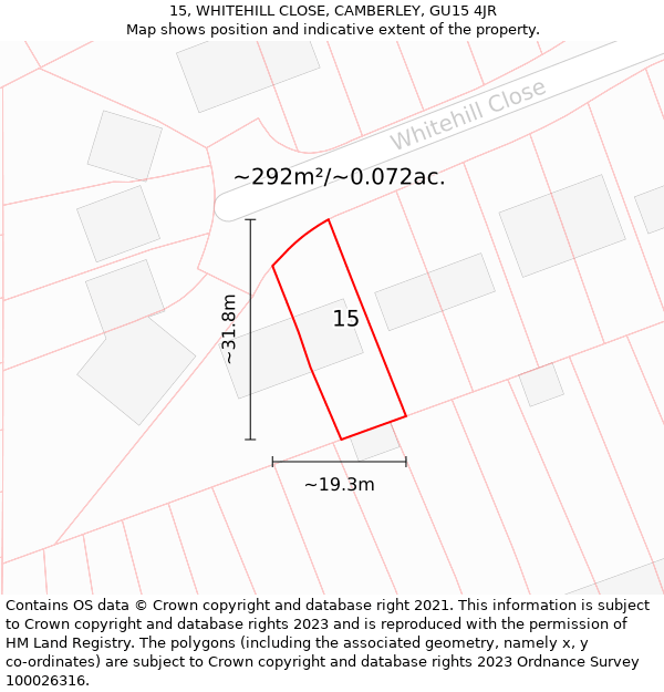 15, WHITEHILL CLOSE, CAMBERLEY, GU15 4JR: Plot and title map