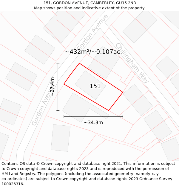 151, GORDON AVENUE, CAMBERLEY, GU15 2NR: Plot and title map