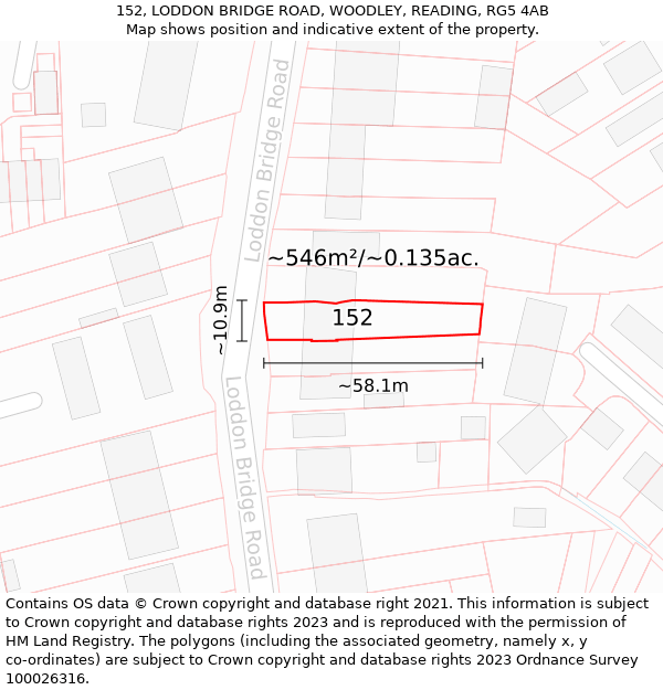 152, LODDON BRIDGE ROAD, WOODLEY, READING, RG5 4AB: Plot and title map