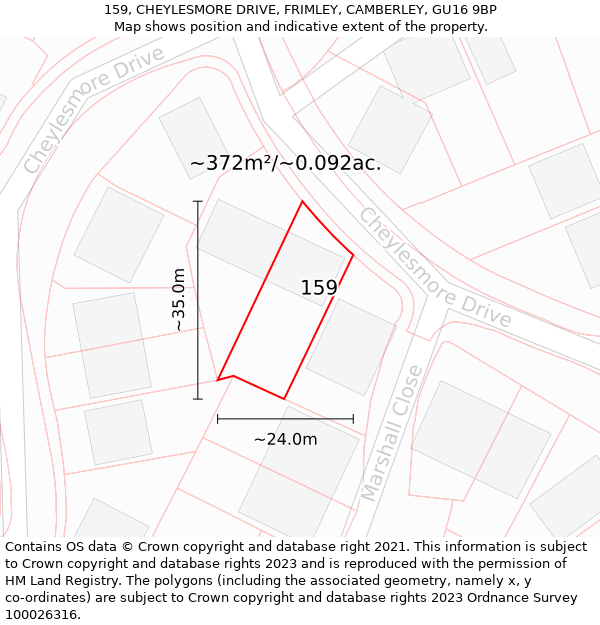 159, CHEYLESMORE DRIVE, FRIMLEY, CAMBERLEY, GU16 9BP: Plot and title map