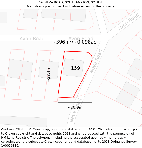 159, NEVA ROAD, SOUTHAMPTON, SO18 4FL: Plot and title map