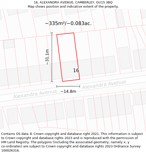 16, ALEXANDRA AVENUE, CAMBERLEY, GU15 3BQ: Plot and title map