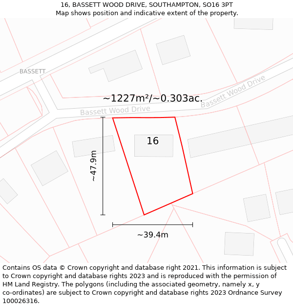 16, BASSETT WOOD DRIVE, SOUTHAMPTON, SO16 3PT: Plot and title map