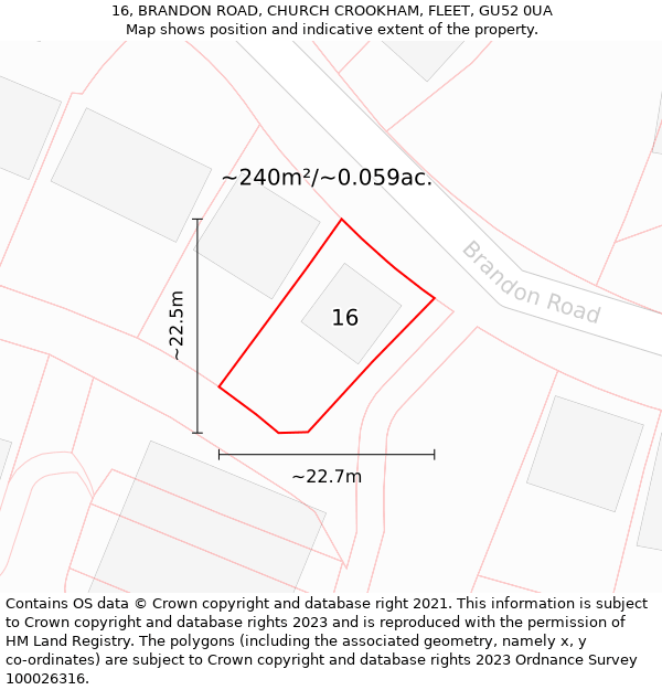 16, BRANDON ROAD, CHURCH CROOKHAM, FLEET, GU52 0UA: Plot and title map