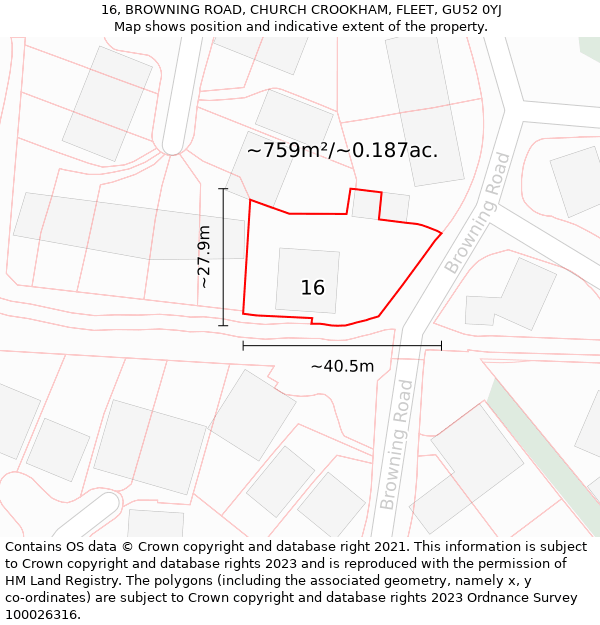 16, BROWNING ROAD, CHURCH CROOKHAM, FLEET, GU52 0YJ: Plot and title map