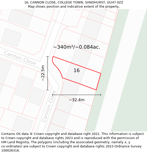 16, CANNON CLOSE, COLLEGE TOWN, SANDHURST, GU47 0ZZ: Plot and title map