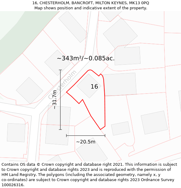 16, CHESTERHOLM, BANCROFT, MILTON KEYNES, MK13 0PQ: Plot and title map