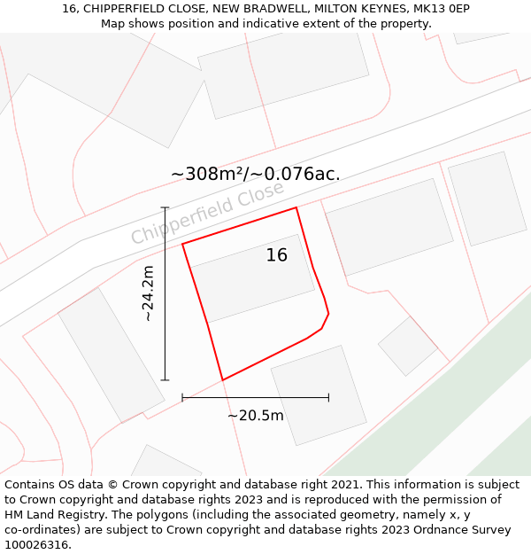 16, CHIPPERFIELD CLOSE, NEW BRADWELL, MILTON KEYNES, MK13 0EP: Plot and title map