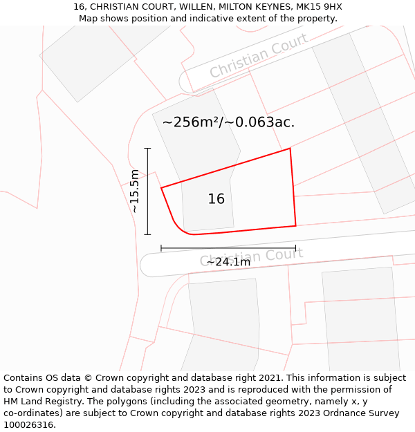 16, CHRISTIAN COURT, WILLEN, MILTON KEYNES, MK15 9HX: Plot and title map