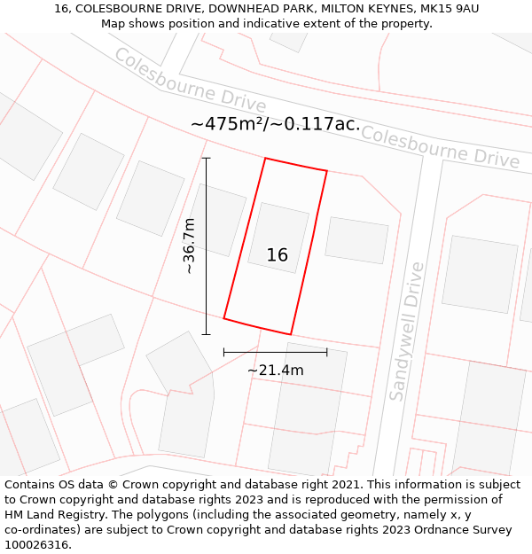 16, COLESBOURNE DRIVE, DOWNHEAD PARK, MILTON KEYNES, MK15 9AU: Plot and title map