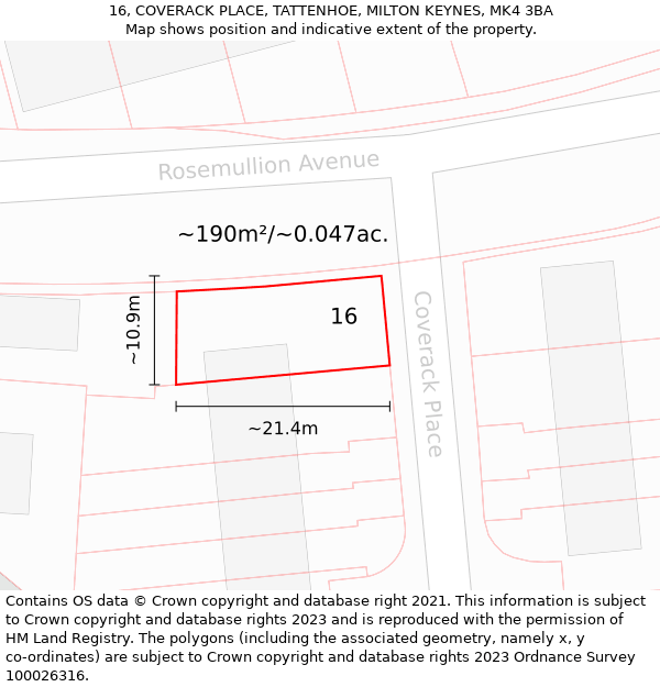 16, COVERACK PLACE, TATTENHOE, MILTON KEYNES, MK4 3BA: Plot and title map