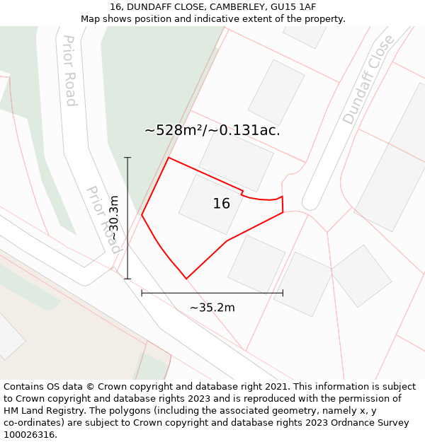 16, DUNDAFF CLOSE, CAMBERLEY, GU15 1AF: Plot and title map