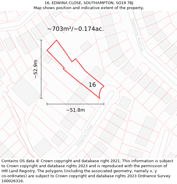 16, EDWINA CLOSE, SOUTHAMPTON, SO19 7BJ: Plot and title map