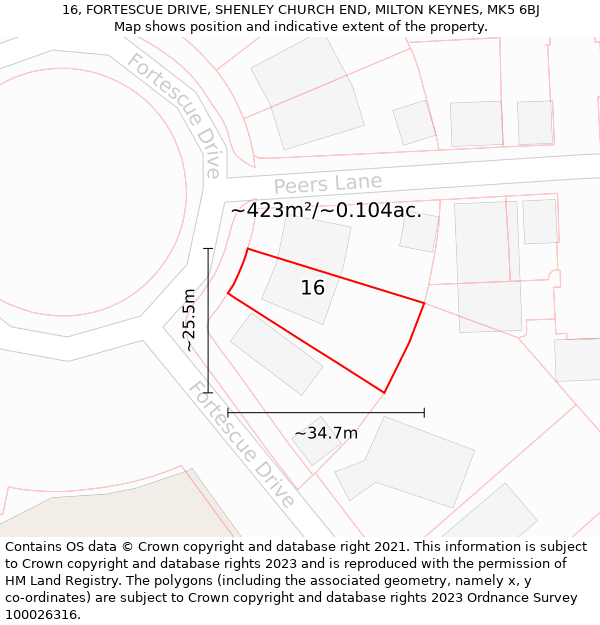 16, FORTESCUE DRIVE, SHENLEY CHURCH END, MILTON KEYNES, MK5 6BJ: Plot and title map