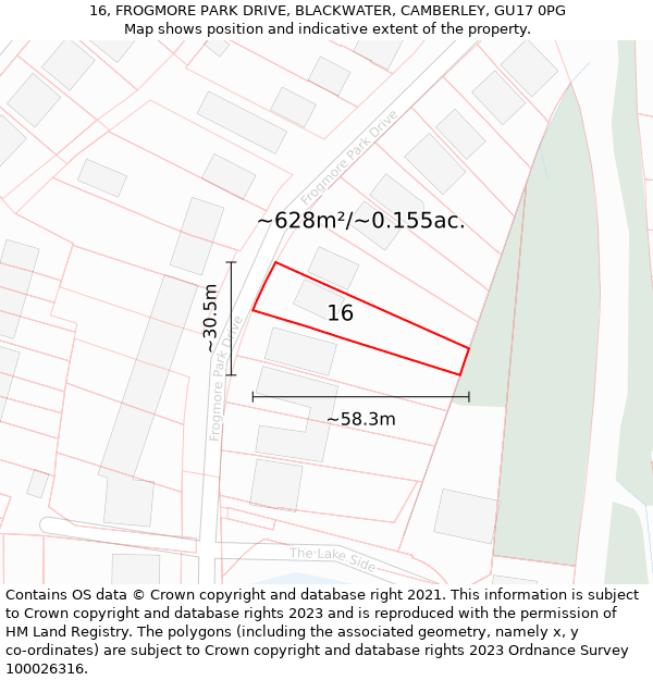 16, FROGMORE PARK DRIVE, BLACKWATER, CAMBERLEY, GU17 0PG: Plot and title map