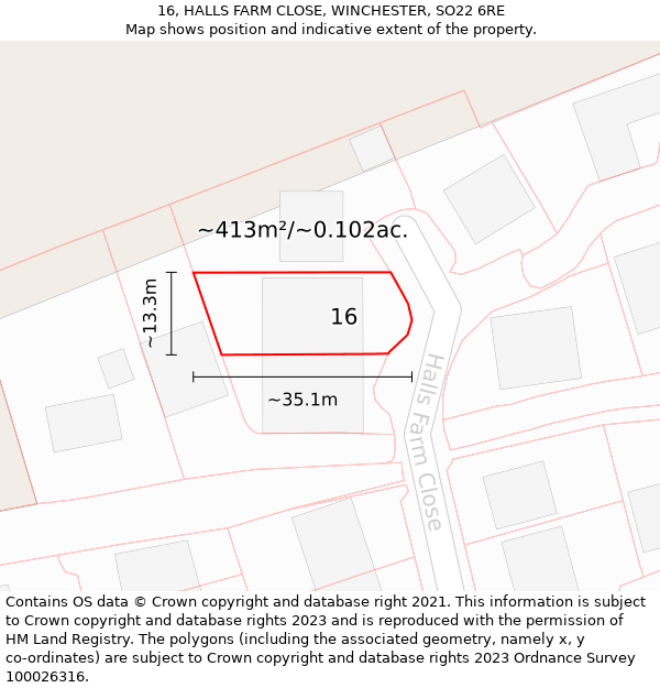 16, HALLS FARM CLOSE, WINCHESTER, SO22 6RE: Plot and title map