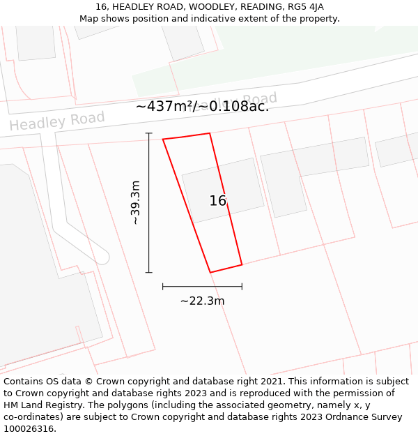 16, HEADLEY ROAD, WOODLEY, READING, RG5 4JA: Plot and title map