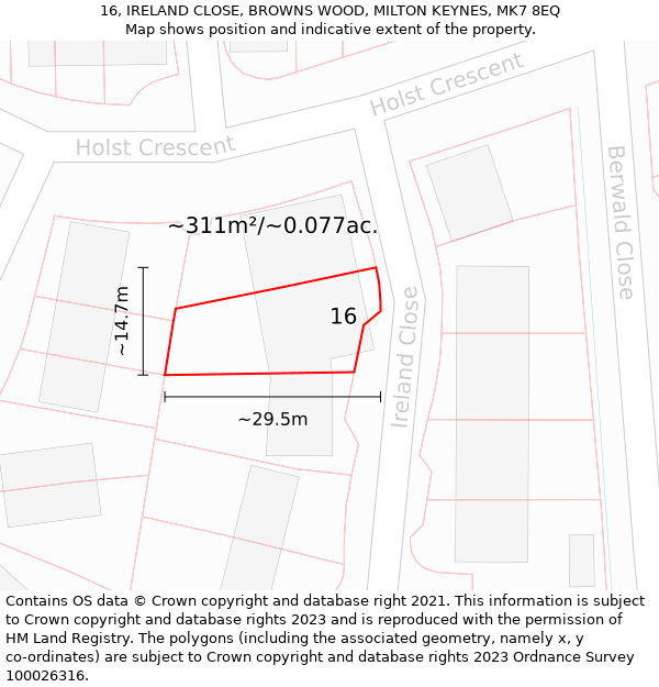 16, IRELAND CLOSE, BROWNS WOOD, MILTON KEYNES, MK7 8EQ: Plot and title map