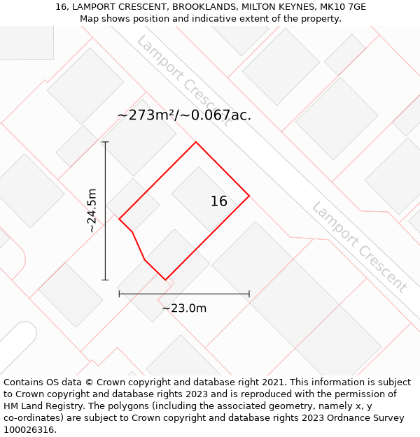 16, LAMPORT CRESCENT, BROOKLANDS, MILTON KEYNES, MK10 7GE: Plot and title map