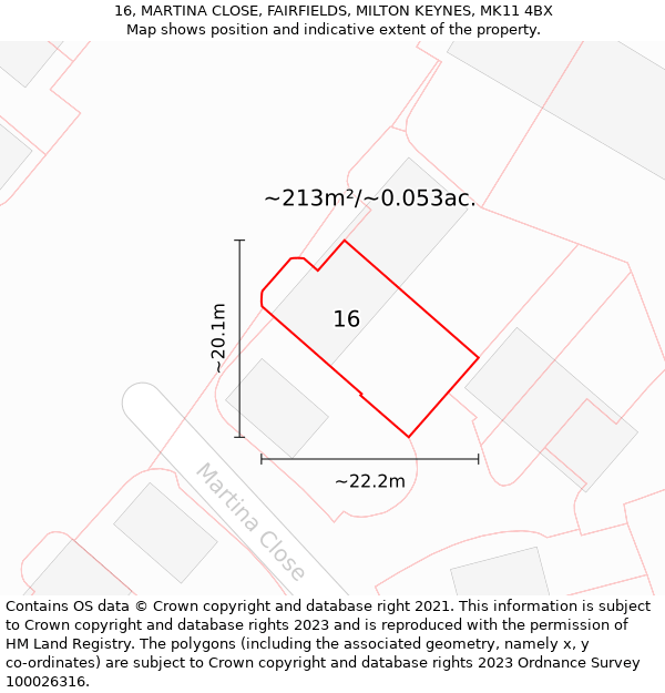 16, MARTINA CLOSE, FAIRFIELDS, MILTON KEYNES, MK11 4BX: Plot and title map