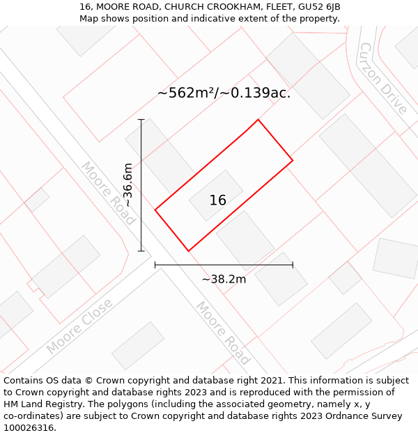 16, MOORE ROAD, CHURCH CROOKHAM, FLEET, GU52 6JB: Plot and title map