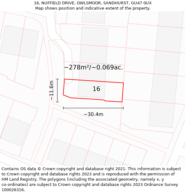 16, NUFFIELD DRIVE, OWLSMOOR, SANDHURST, GU47 0UX: Plot and title map