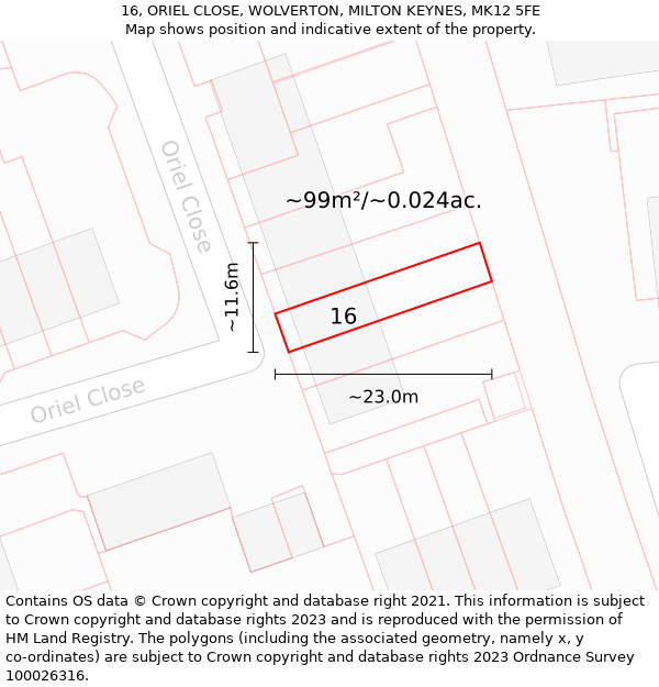 16, ORIEL CLOSE, WOLVERTON, MILTON KEYNES, MK12 5FE: Plot and title map