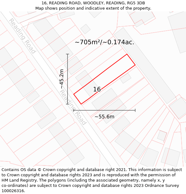 16, READING ROAD, WOODLEY, READING, RG5 3DB: Plot and title map