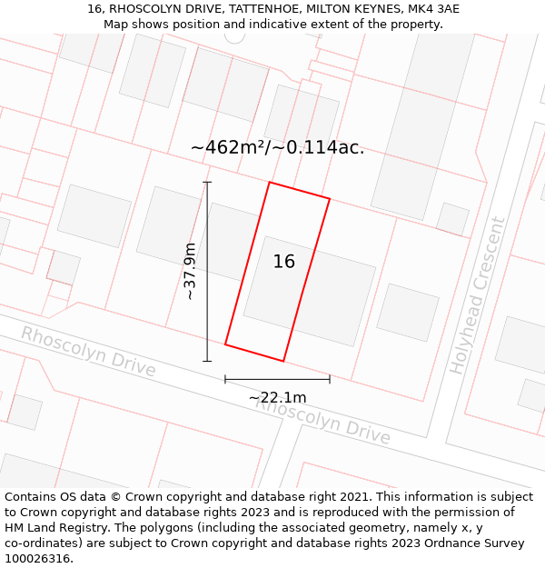 16, RHOSCOLYN DRIVE, TATTENHOE, MILTON KEYNES, MK4 3AE: Plot and title map