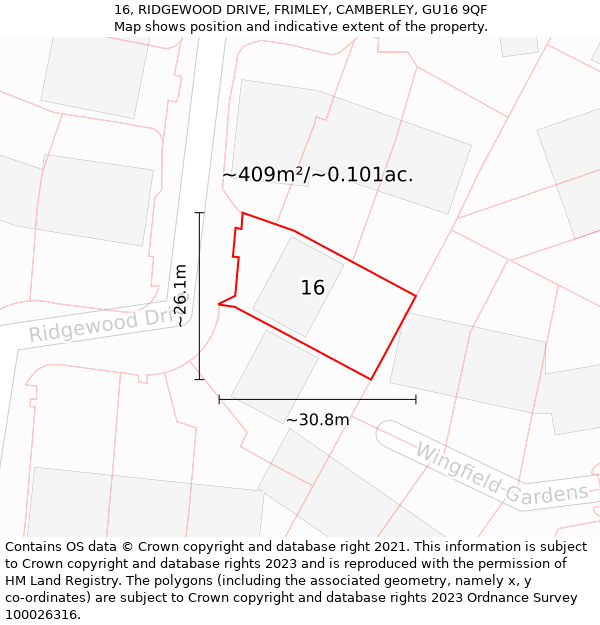 16, RIDGEWOOD DRIVE, FRIMLEY, CAMBERLEY, GU16 9QF: Plot and title map