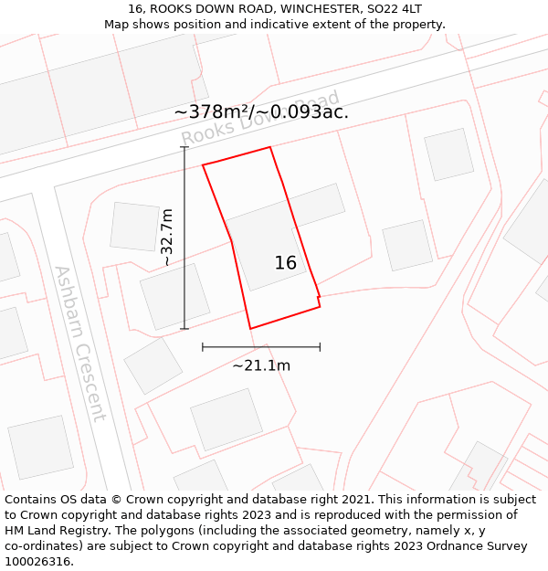 16, ROOKS DOWN ROAD, WINCHESTER, SO22 4LT: Plot and title map