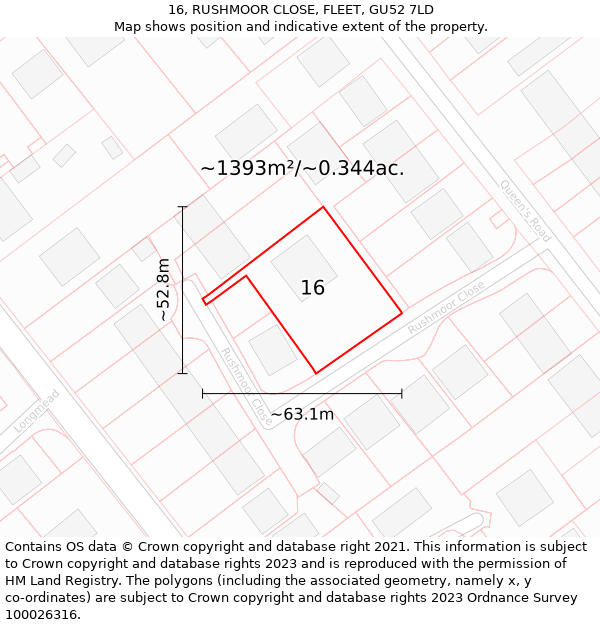 16, RUSHMOOR CLOSE, FLEET, GU52 7LD: Plot and title map