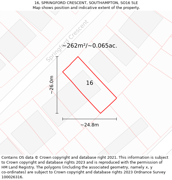 16, SPRINGFORD CRESCENT, SOUTHAMPTON, SO16 5LE: Plot and title map