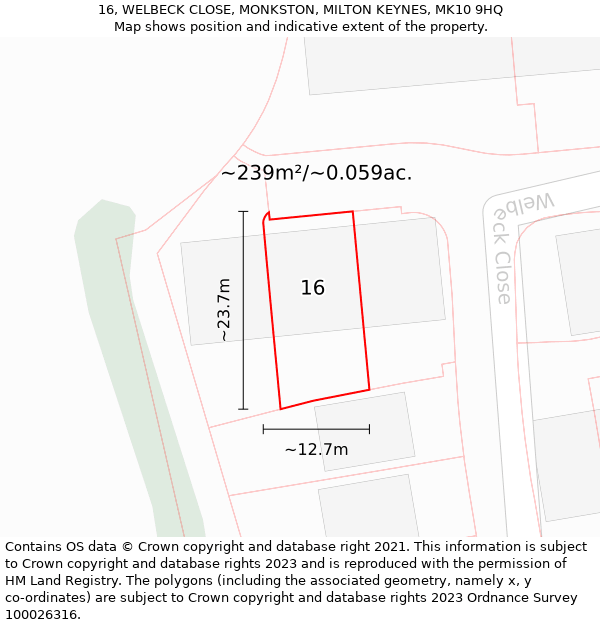 16, WELBECK CLOSE, MONKSTON, MILTON KEYNES, MK10 9HQ: Plot and title map