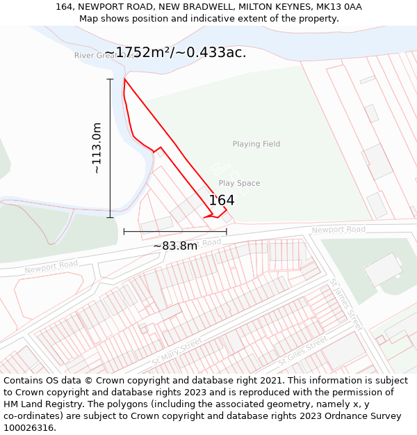 164, NEWPORT ROAD, NEW BRADWELL, MILTON KEYNES, MK13 0AA: Plot and title map