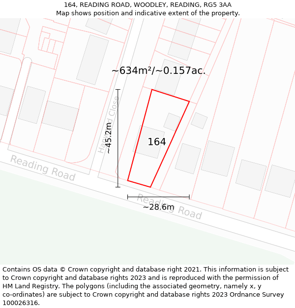 164, READING ROAD, WOODLEY, READING, RG5 3AA: Plot and title map