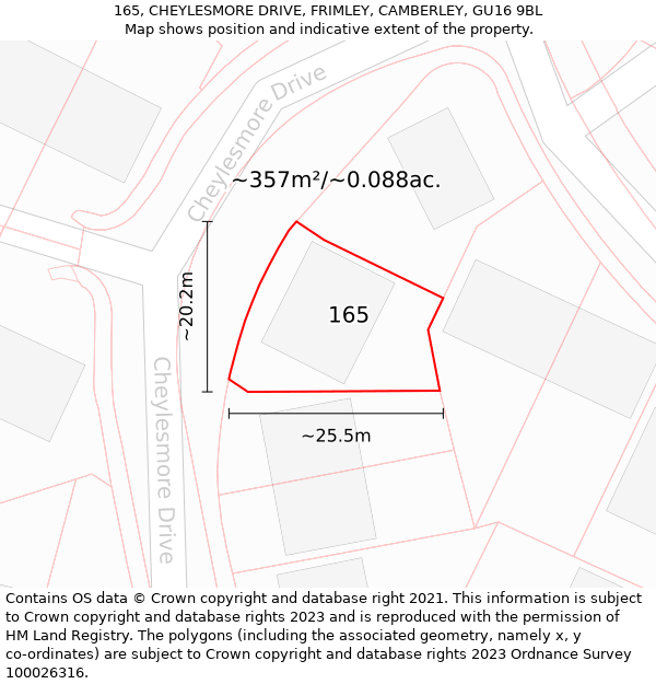 165, CHEYLESMORE DRIVE, FRIMLEY, CAMBERLEY, GU16 9BL: Plot and title map