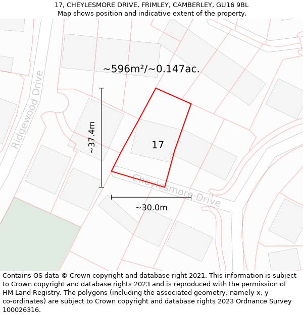 17, CHEYLESMORE DRIVE, FRIMLEY, CAMBERLEY, GU16 9BL: Plot and title map