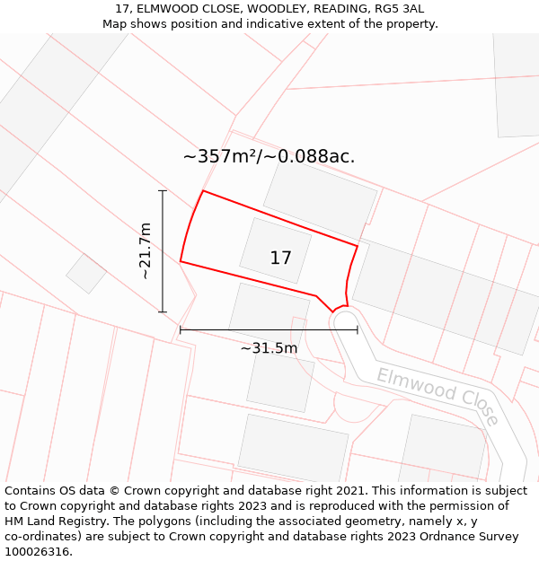17, ELMWOOD CLOSE, WOODLEY, READING, RG5 3AL: Plot and title map