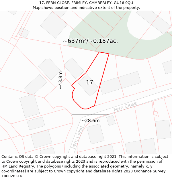 17, FERN CLOSE, FRIMLEY, CAMBERLEY, GU16 9QU: Plot and title map