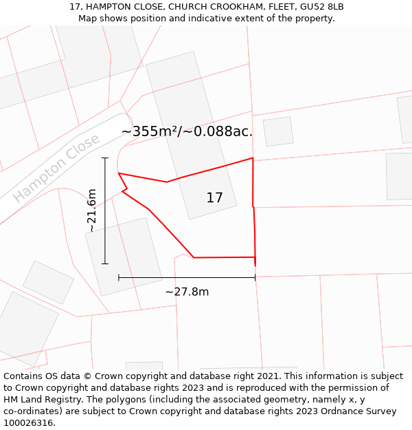 17, HAMPTON CLOSE, CHURCH CROOKHAM, FLEET, GU52 8LB: Plot and title map