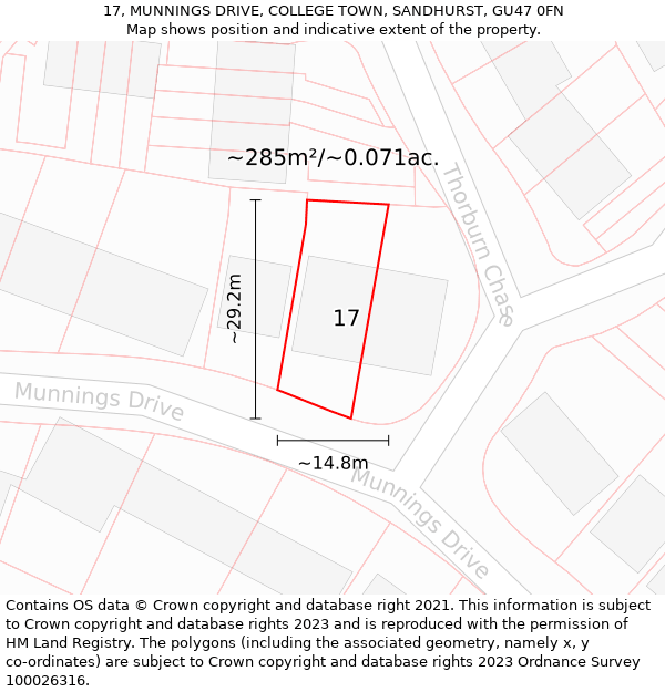 17, MUNNINGS DRIVE, COLLEGE TOWN, SANDHURST, GU47 0FN: Plot and title map