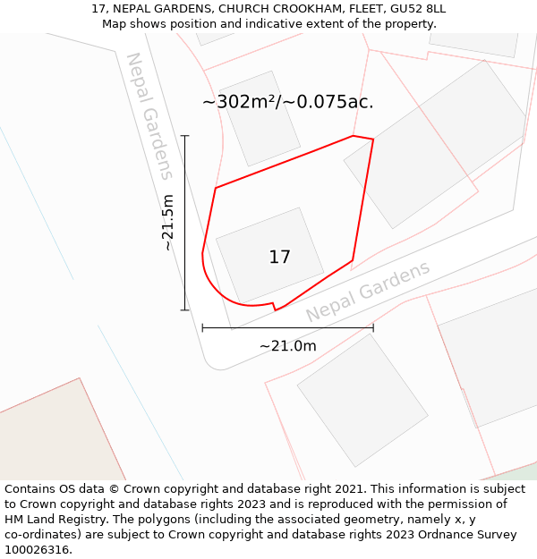 17, NEPAL GARDENS, CHURCH CROOKHAM, FLEET, GU52 8LL: Plot and title map