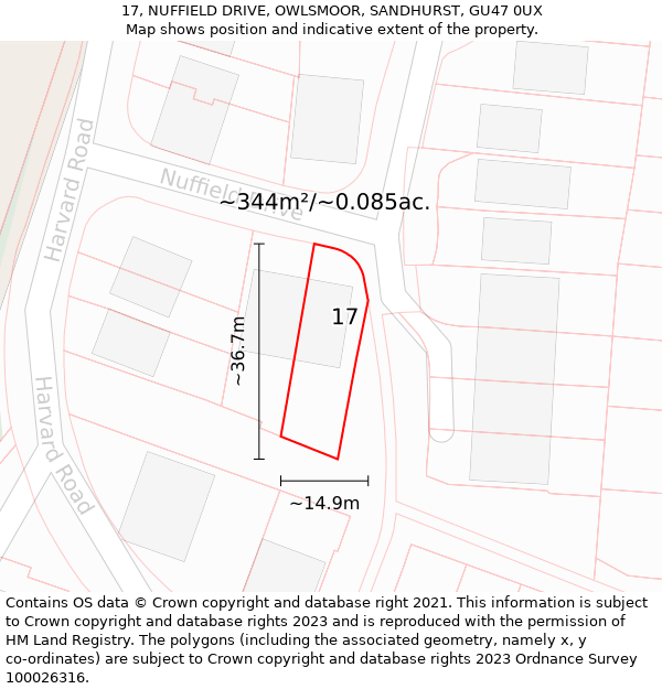 17, NUFFIELD DRIVE, OWLSMOOR, SANDHURST, GU47 0UX: Plot and title map