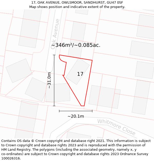 17, OAK AVENUE, OWLSMOOR, SANDHURST, GU47 0SF: Plot and title map